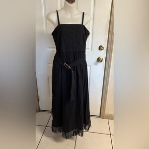 Size 8 Tahari black gem fringe hem spaghetti strap A-line midi dress.  In EUC!